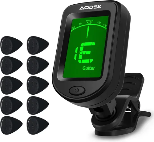 Aodsk Afinador de guitarra con clip para instrumentos de cuerda, afinador electrónico digital, pantalla LCD grande y clara, giratorio, adecuado para