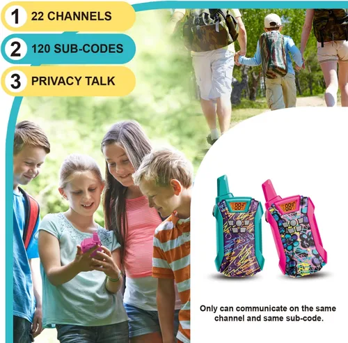 Miniatura 5 de Walkie Talkies para niños, 22 canales de largo alcance Walkie Talkies para niños y niñas de 4 a 12, juguete de radio de 2 vías, juguetes