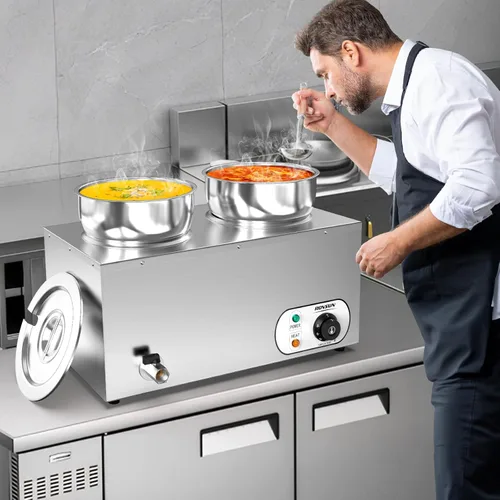 Miniatura 8 de ROVSUN Calentador de sopa eléctrico, mesa de vapor comercial de 15 cuartos de galón, encimera Bain Marie con ollas dobles de 7.4 cuartos de galón