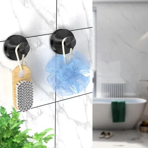 Miniatura 5 de Paquete de 4 ganchos de ventosa color negro mate para ducha, baño, cocina, puerta de cristal, espejo, azulejos, soporte de gancho para bata de baño