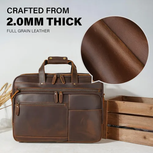 Miniatura 3 de Maletín grande de cuero para hombres de 18 pulgadas de grano completo para laptop, bolsa de mensajero para portátil de 17.3 pulgadas, marrón oscuro