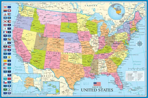 AllPosters Póster de pared, mapa de los Estados Unidos con banderas estatales, 36x24 Impresión solamente
