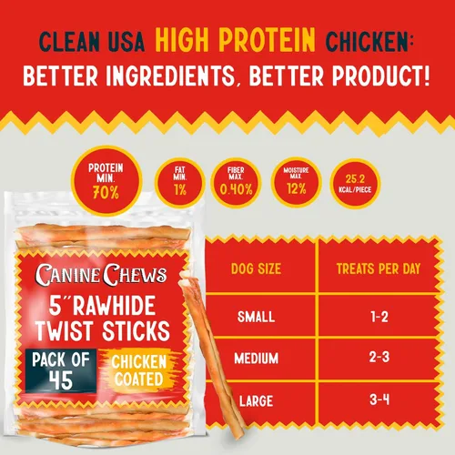 Miniatura 8 de Canine Chews Palitos recubiertos de pollo de 5 pulgadas, paquete de 45 golosinas de cuero crudo para perros de origen estadounidense, masticables