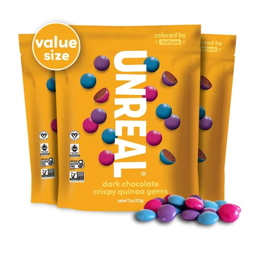 UNREAL Gemas de quinua de chocolate oscuro (3 bolsas de tamaño económico), veganas, colores de la naturaleza, comercio justo, sin OMG, sin gluten,