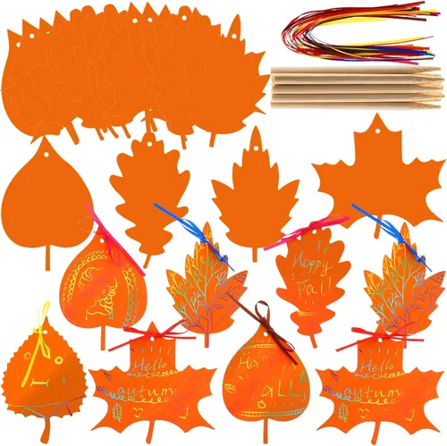 Miniatura 8 de BBTO 50 hojas de otoño coloridas hojas de rascar con cintas y lápiz capacitivo de madera para fiesta de cosecha de Acción de Gracias (rojo)