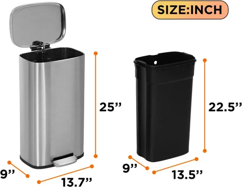 Miniatura 7 de FDW Cubo de basura de 8 galones con tapa Acero inoxidable Resistente a huellas dactilares Hecho de acero inoxidable Pedal de paso