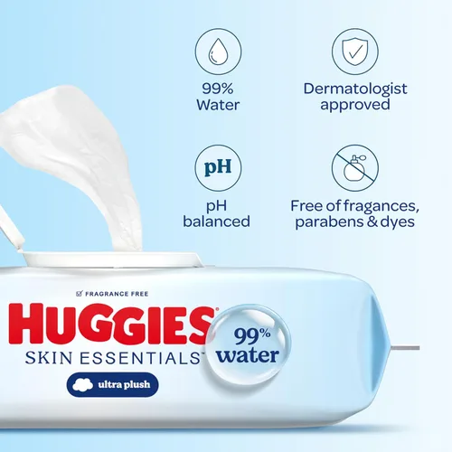 Miniatura 5 de Huggies Skin Essentials Toallitas para bebés, hipoalergénicas, 99% agua, 15 paquetes con tapa abatible (840 toallitas en total)