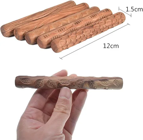 Miniatura 4 de Rodillos de mano a cuadros con textura de arcilla de madera, 5 unidades, arcilla polimérica, patrón de cerámica, herramientas de cerámica