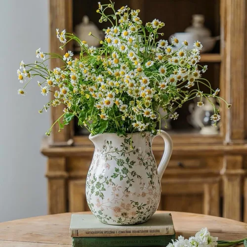 Jarrón floral de cerámica verde y blanco con asa, jarrón rústico de granja, florero floral chinoiserie para decoración del hogar, sala de estar,
