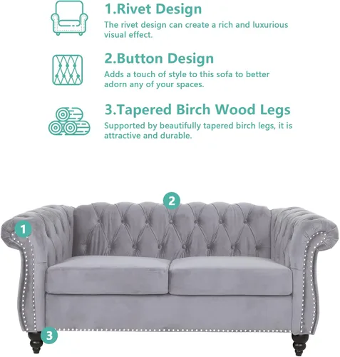 Miniatura 3 de QHITTY Sofá de Acento, Sofá Biplaza Chesterfield Moderno de Terciopelo, Sofá Tapizado con Respaldo Capitoné para Muebles de Sala de Estar (Gris)