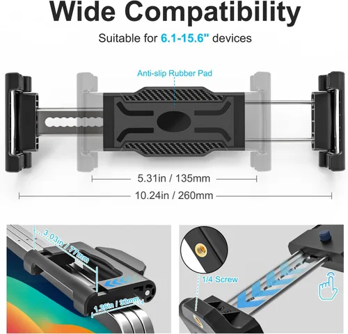 Miniatura 7 de Soporte para tablet de automóvil, tablero de instrumentos y parabrisas con ventosa fuerte y brazo de metal ajustable, soporte