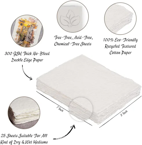 Miniatura 3 de LEATHER VILLAGE Papel para acuarela, 140 lb (300 g/m²), 7x5 Pulgadas, 25 hojas, papel de borde deshilachado hecho a mano, texturizado, medios