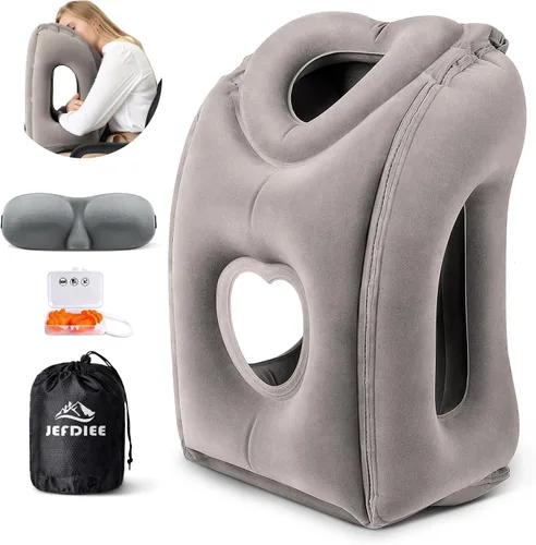 Miniatura 9 de almohada de viaje inflable, almohada para el cuello de avión que apoya cómodamente la cabeza y la barbilla para aviones, trenes, autos, siestas