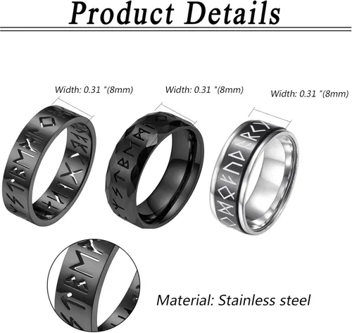 Miniatura 3 de OIDEA Juego de 3 anillos de runa vikingos huecos nórdicos para hombres y mujeres 0.315 pulgadas de acero inoxidable giratorio, anillos