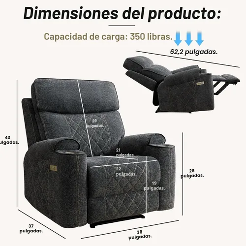 Miniatura 2 de HAOMARKETS Silla reclinable eléctrica, sillón reclinable eléctrico de tela suave con portavasos de metal, sillas reclinables de alta resistencia