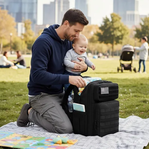 Miniatura 8 de LORADI Bolsa de pañales para papá con bolsillos aislados, clips para cochecito y funda de equipaje para viajes, bolsa táctica grande para pañales