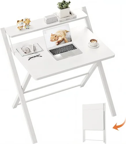 Miniatura 12 de GreenForest Escritorio plegable sin montaje, escritorio compacto de 2 niveles para computadora con estante, mesa plegable que ahorra espacio