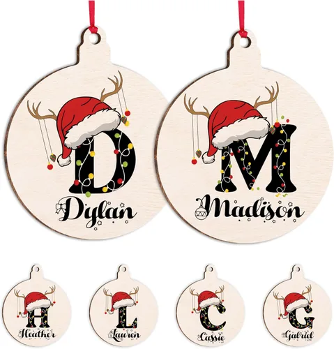 Adorno de Navidad personalizado con inicial de sombrero de Papá Noel, decoración de árbol de Navidad con nombre de familia, calcetín con monograma