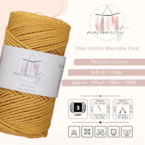 Miniatura 2 de Makromecity, Cordón de macramé de algodón de 0.079 in x 195 yardas (590 pies) de algodón reciclado de 0.079 pulgadas, hilo de ganchillo para Mostaza
