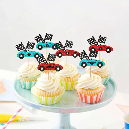 Miniatura 6 de 24 piezas de adornos para cupcakes de coche de carreras, trofeo brillante, bandera de carreras, decoraciones de pastel con temática de carreras