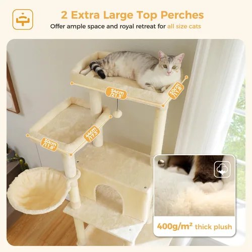 Miniatura 4 de PAWZ Road Árbol Grande para Gatos, Torre para Gatos de 73 Pulgadas de Altura con 1 Gran Asiento Acolchado, 2 Hamacas Espaciosas, 8 Postes Largos