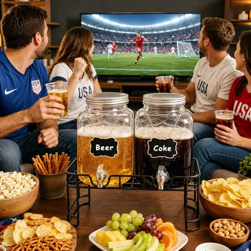 Miniatura 6 de Dispensadores de bebidas de vidrio de 1 galón para fiestas, juego de 2, dispensador de bebidas con infusor y soporte de frutas, dispensador de jugo