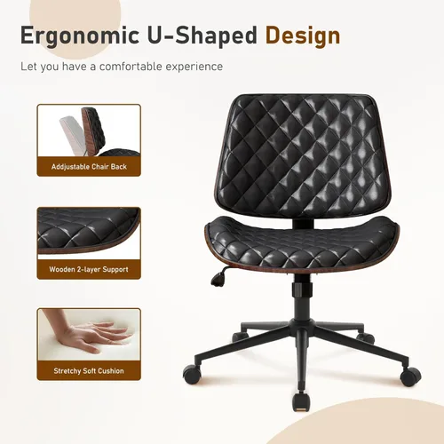 Miniatura 5 de Furnimart Silla de oficina de madera resistente giratoria de 360°, silla de escritorio pequeña de piel sintética con asiento acolchado grueso