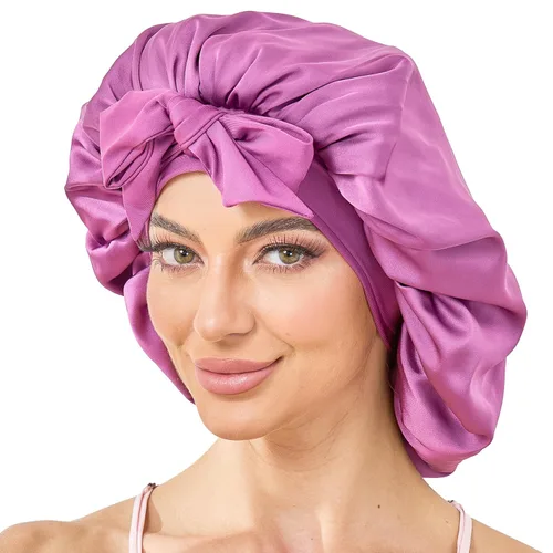 Miniatura 20 de Gorro de satén de seda con banda de amarre para dormir, para mujeres de cabello rizado: gorro de noche para cabello liso, ondulado, ensortijado, Rosa