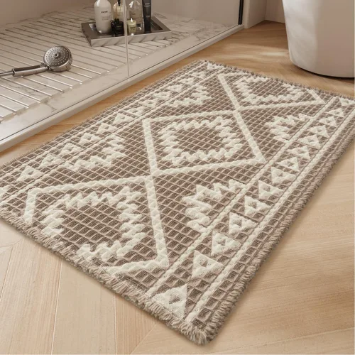 Miniatura 9 de PADOOR -Tapete de baño de punto gofre, súper absorbente, lavable a máquina, antideslizante, con borlas, tapete de baño suave para lavandería, Marrón