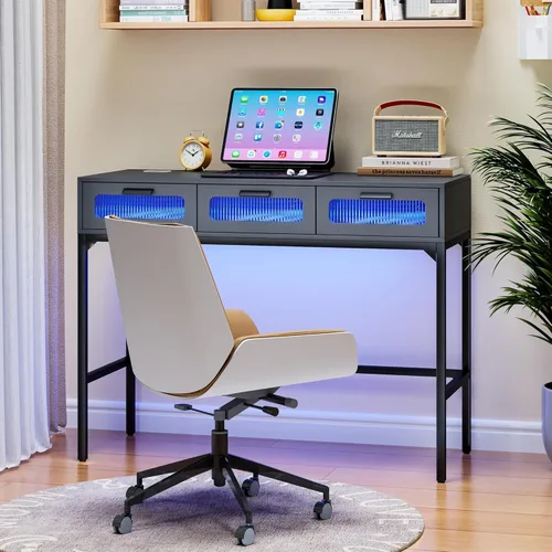 Miniatura 12 de Escritorio de tocador 3 en 1 con espejo abatible y luces, mesa de tocador de maquillaje con parte superior de vidrio con estación de carga, tocador