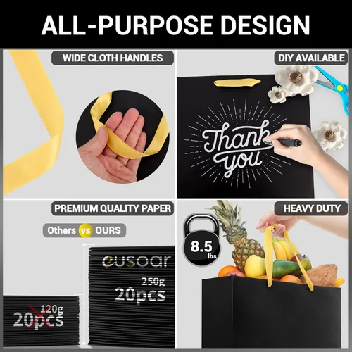 Miniatura 3 de EUSOAR Bolsas de compras pequeñas negras con asas doradas, paquete de 20 bolsas de regalo de 10.6 x 3.1 x 8.3 pulgadas con asas a granel, bolsas