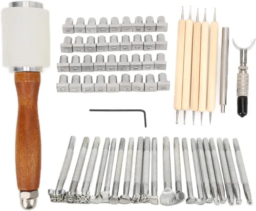 Miniatura 7 de Leather Sculpture Stamping Tools Kit, Professional Leather Working Tools, 21 Patterns with English Letters and Numbers, DIY Leather Craft Set for