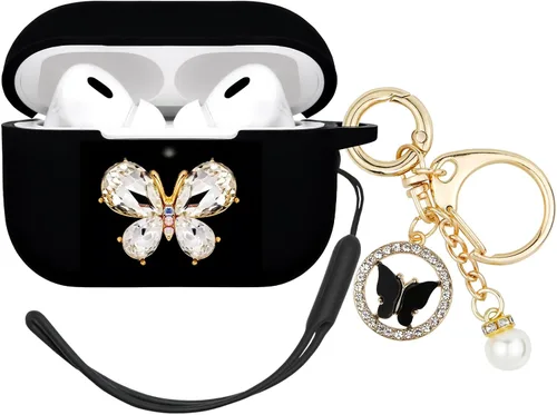 Wonhibo Funda para Airpods Pro 2 para mujer, bonita funda de silicona de mariposa para Airpod Pro de 2ª generación 2022 con llavero (negro)