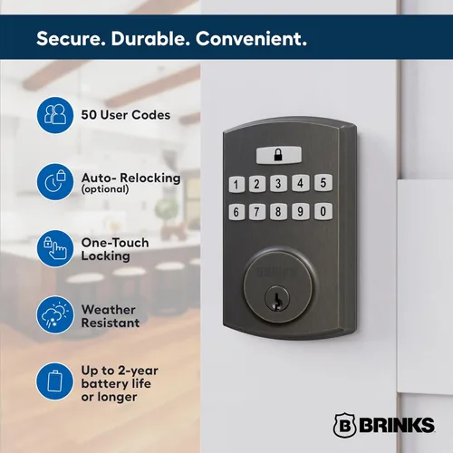 Miniatura 2 de BRINKS Cerradura de puerta de entrada sin llave, cerradura de puerta de teclado de alta seguridad, 50 códigos de usuario, función de bloqueo Bronce