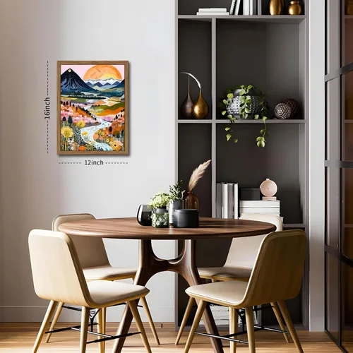 Miniatura 3 de Marco de madera bohemio colorido arte de pared, juego de 3 acuarelas abstractas de paisaje de montaña, pintura para decoración de pared, arte