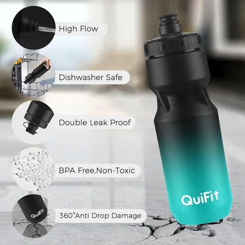 Miniatura 6 de QuiFit Paquete de 2 botellas de agua comprimibles para bicicleta de montaña, a prueba de fugas, con cubierta antipolvo, sin BPA, se adapta a