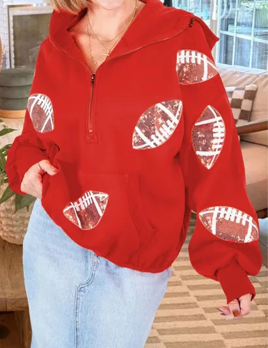 Miniatura 20 de SeekMe Sudaderas con capucha de lentejuelas para mujer, para el día del partido, suéteres de manga larga con cremallera y bolsillo