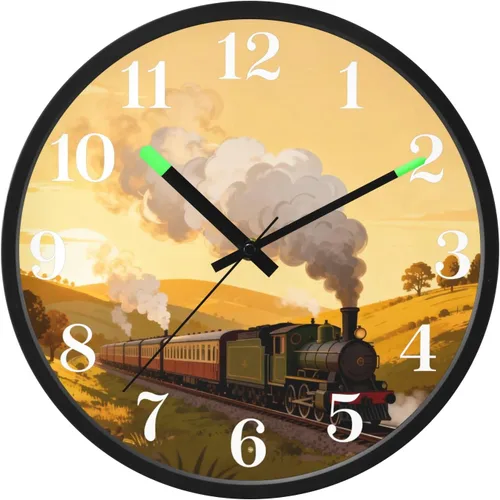 Luminous Voice-Activated Wall Clocks Non-Ticking Silent Battery Operated Small Analog Clock Vintage Steam Train at Sunset 12 Inch Decorative for