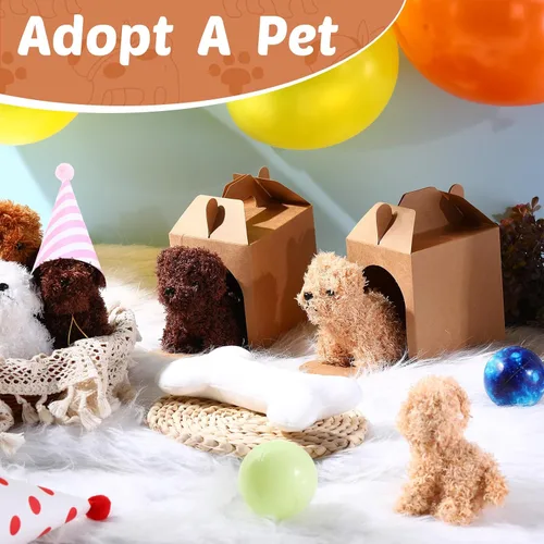 Miniatura 7 de Juego de 20 Mini Juguetes de Peluche Animales de Peluche Perros con Sombreros de Cumpleaños Cajas de Papel Kraft Cachorros de Peluche Pequeños