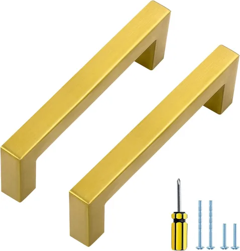 Miniatura 18 de Ravinte Paquete de 5 tiradores dorados de latón brusehed de 3 pulgadas para gabinetes de cocina, herrajes de cocina cuadrados dorados para gabinete