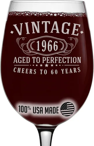 Copa de vino grabada vintage de 16 onzas con tallo de 16 onzas, regalos de feliz cumpleaños 60 para mujeres y hombres, decoración de decoración de