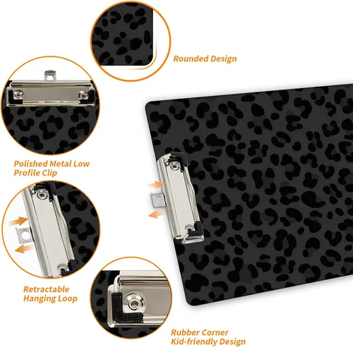 Miniatura 5 de Portapapeles con estampado de leopardo negro con soporte para bolígrafo, tamaño carta A4, lindo portapapeles de plástico con clip de perfil bajo