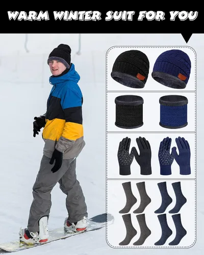 Miniatura 5 de 8 piezas de gorro de invierno bufanda con pantalla táctil guantes y calcetines conjunto de gorros de punto holgado con forro polar calentador