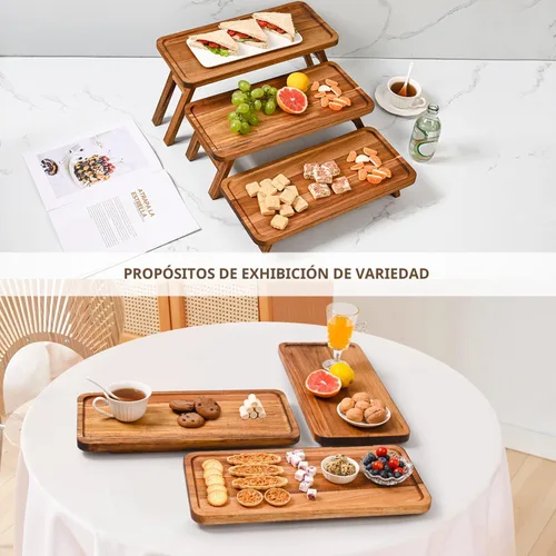 Miniatura 3 de GEHE Bandeja de servir de 3 niveles, bandeja escalonada de madera de acacia plegable, juego de exhibición de mesa de postre, decorada para tablas