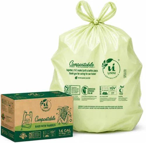 Bolsas de camiseta compostables UNNI con asas de lazo, 1.6 galones / 6 litros, 50 unidades, forros de cajón de cocina pequeños de 0.64 mil,