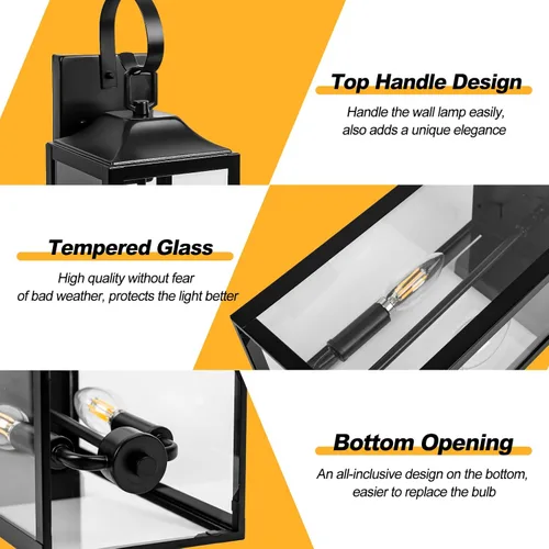 Miniatura 2 de Farol de pared negro de 19 pulgadas para exteriores, 2 luces, aplique grande y moderno para porche, luz industrial para porche con vidrio