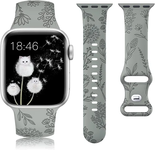 Miniatura 10 de Minyee - Correa floral grabada compatible con Apple Watch de 41mm 40mm 38mm 42mm 44mm 45mm 46mm 49mm para mujeres, correa deportiva de silicona Luz