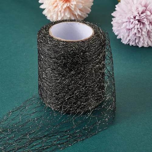Miniatura 7 de KISSITTY 1 rollo/20 yardas de tela de telaraña de oro negro de 2.953 in, rollo de tela de malla de tul con agujero grande para falda, pompones