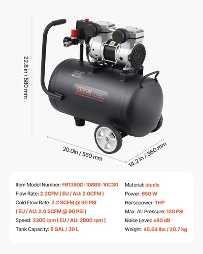 Miniatura 7 de VEVOR Compresor de aire, tanque de acero de 8 galones, 1HP 2.2 CFM@90 PSI Compresor de aire libre de aceite y presión máx. 120PSI, compresor