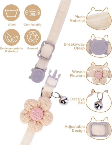 Miniatura 2 de Collar de gato Breakaway con material de felpa suave y flor tejida a mano, collar de seguridad ajustable para piel sensible, collar decorativo